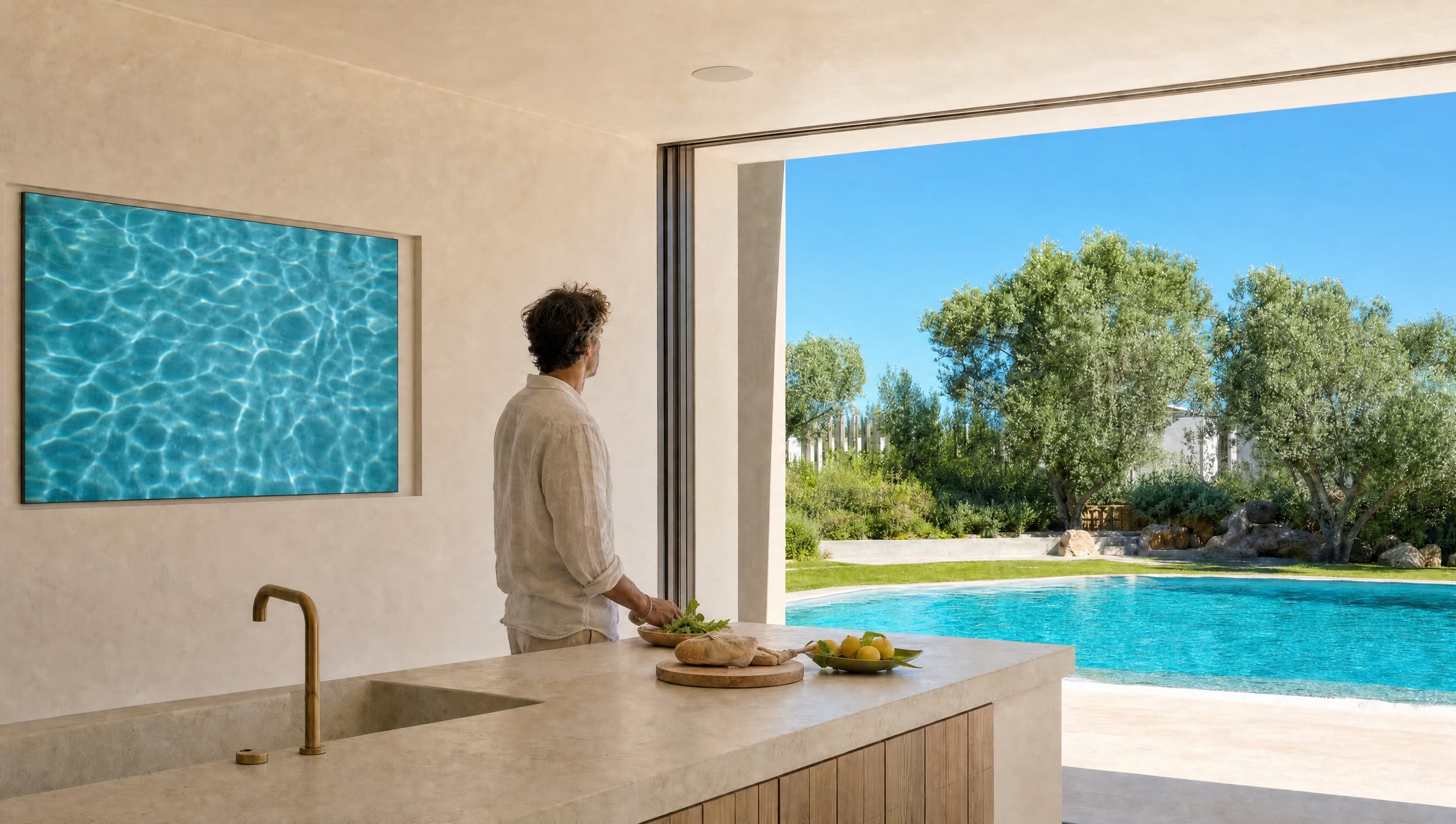 A cook looking to the pool, a flush screen of water light, sound in the ceiling