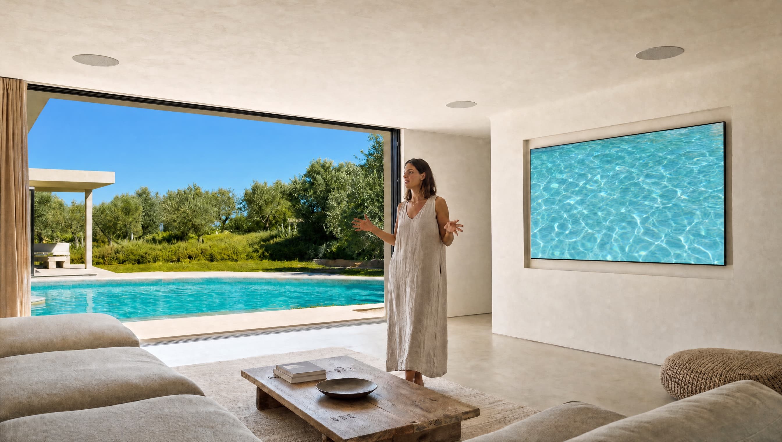 A person speaking in a white Algarve house, flush screen and ceiling sound, pool and olives beyond