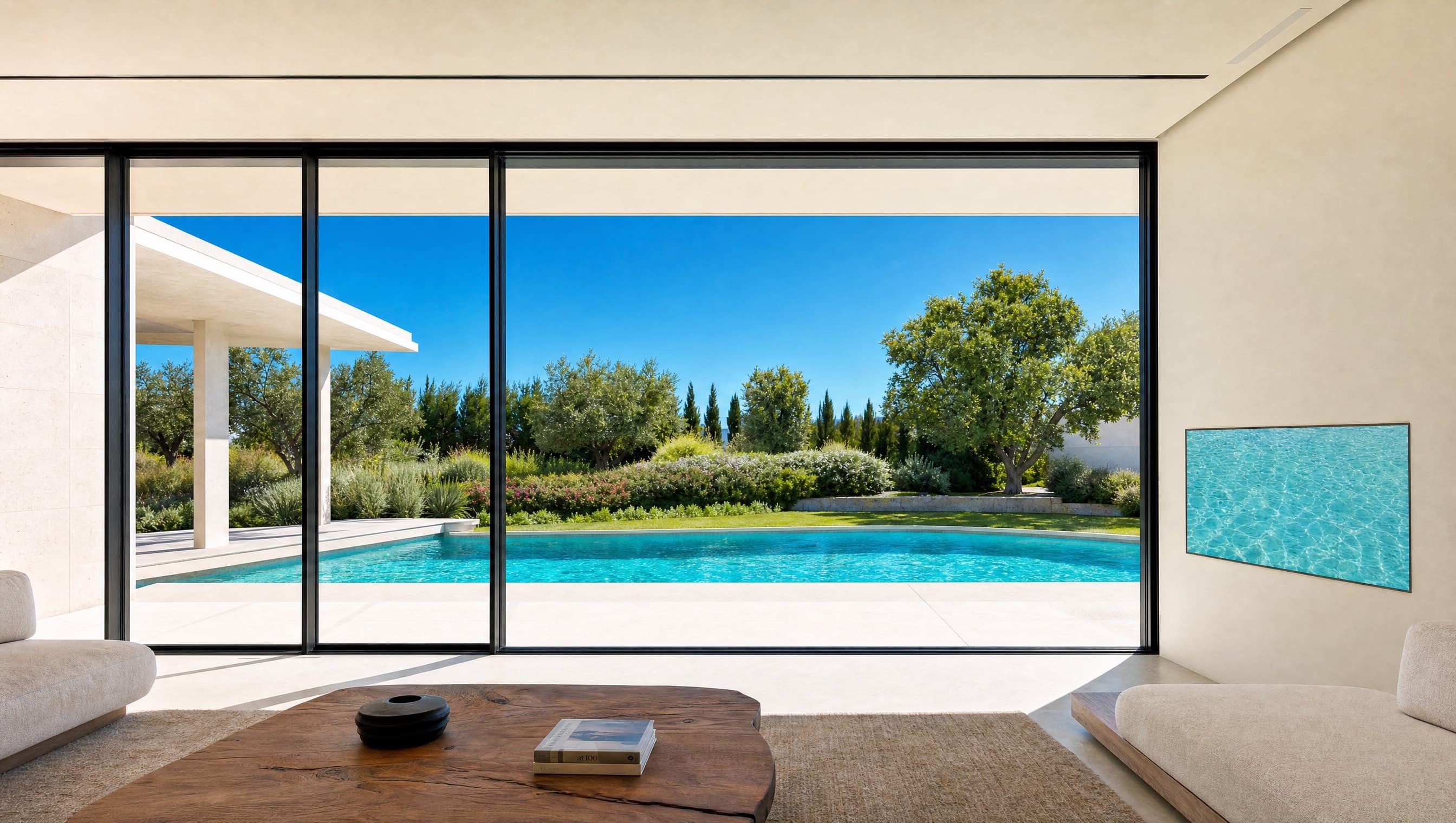 Pool and olives, a flush screen of water light through the glass, sound in the soffit