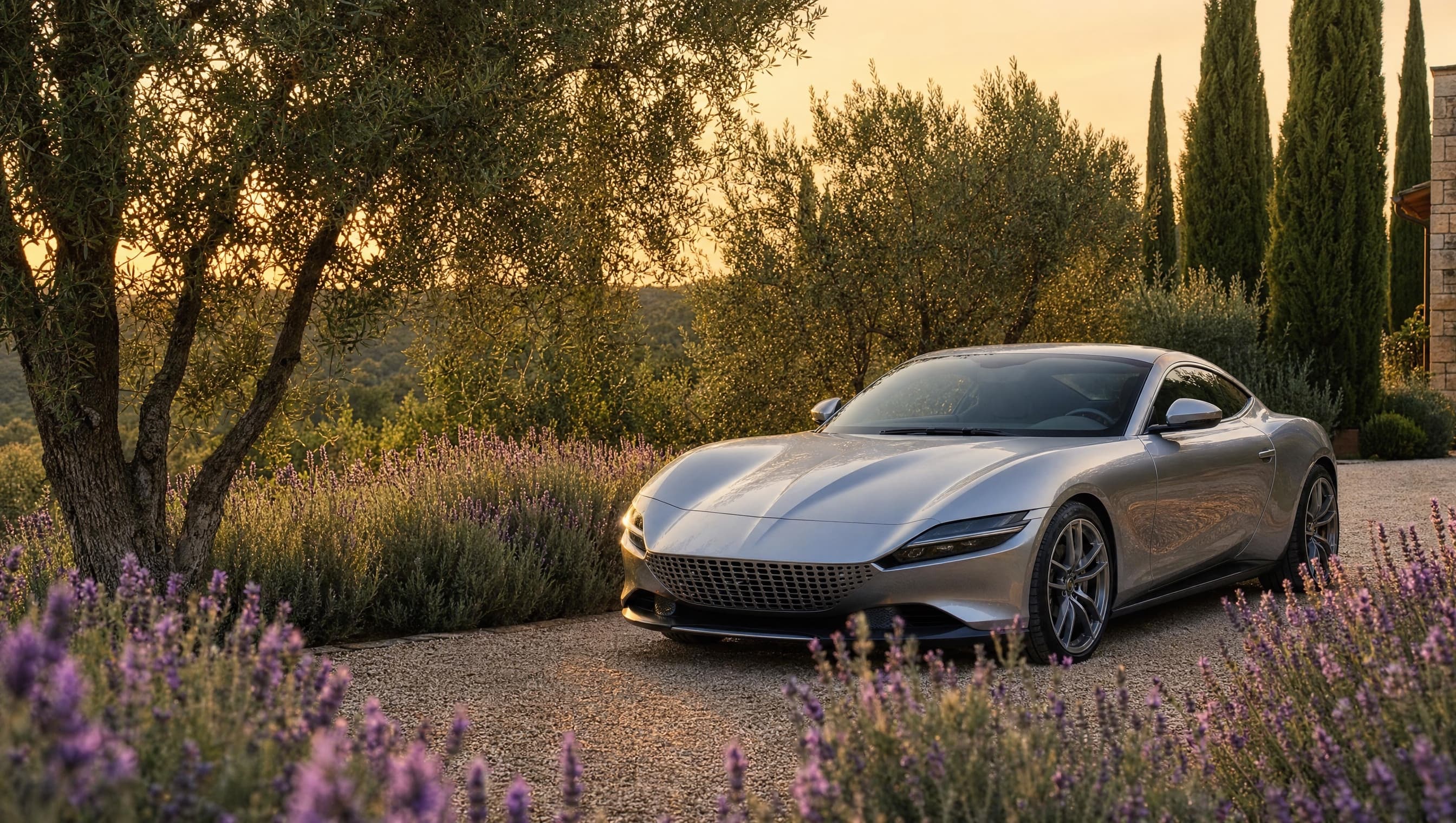 A car among olives, cypress, and lavender on the grounds